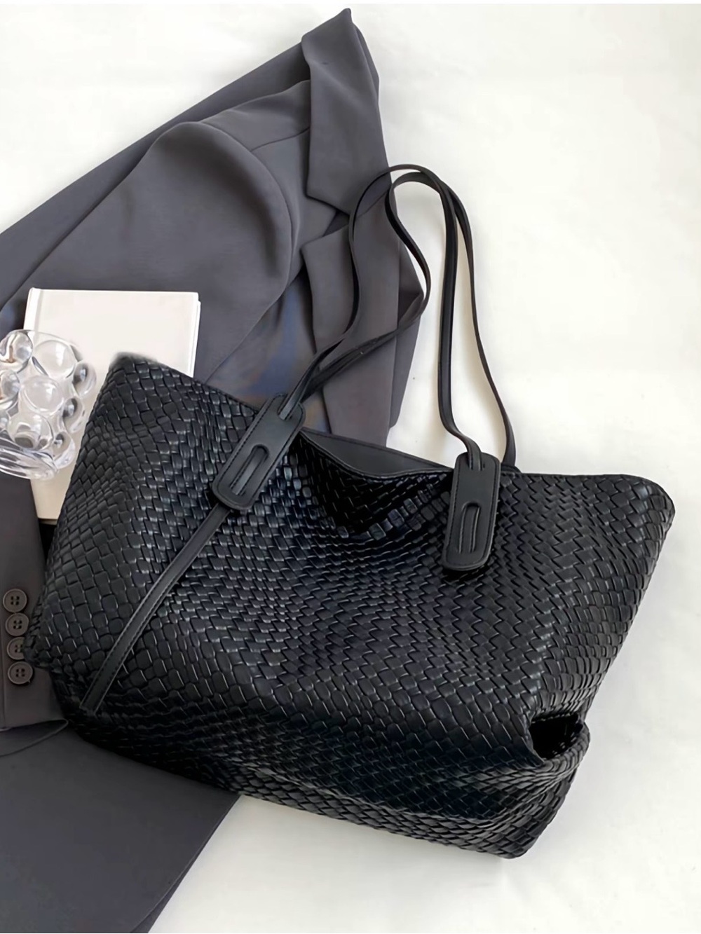 Black Woven Tote Bag with Double Shoulder Straps - Picture 8 of 9